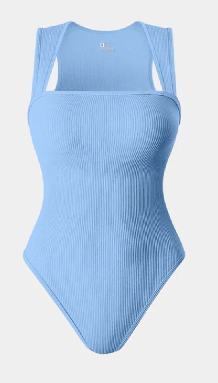 OQQ Strappy Square Neck Sleeveless Tummy Control Tank Tops Bodysuits- Candy Blue